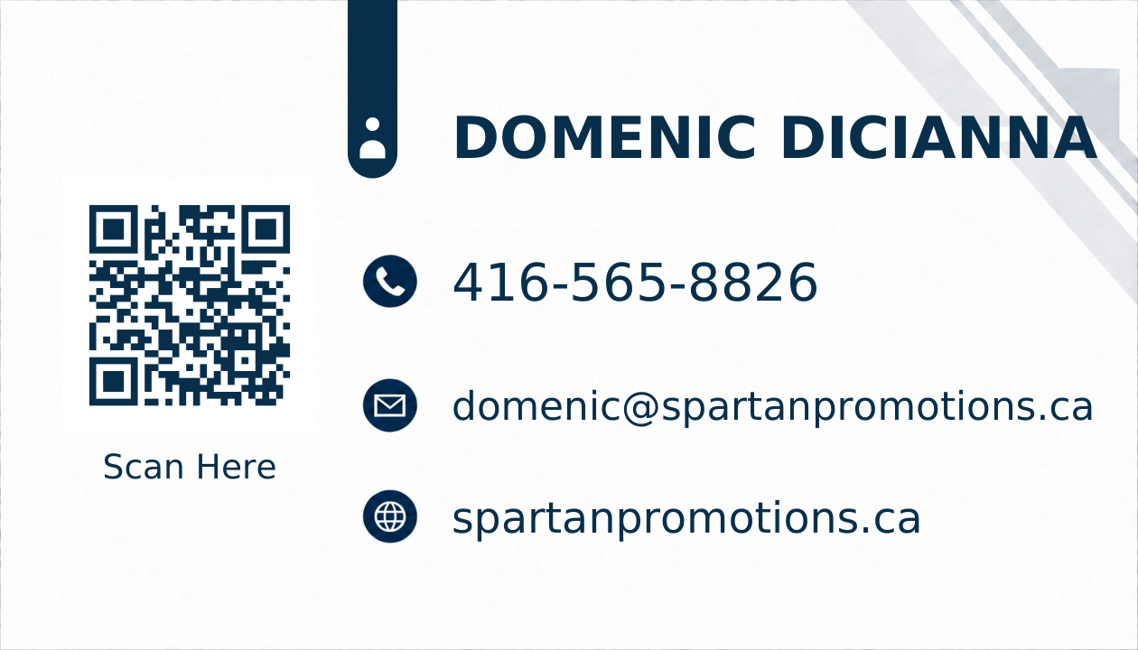 Domenic Dicianna. Phone: 416-565-8826. Email: domenic@spartanpromotions.ca. Website: spartanpromotions.ca. Contact side of the original business card.